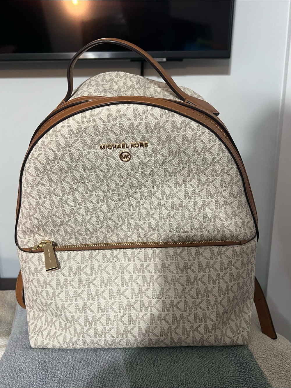 Michael Kors Cream Signature MK Monogram Backpack with Tan Trim